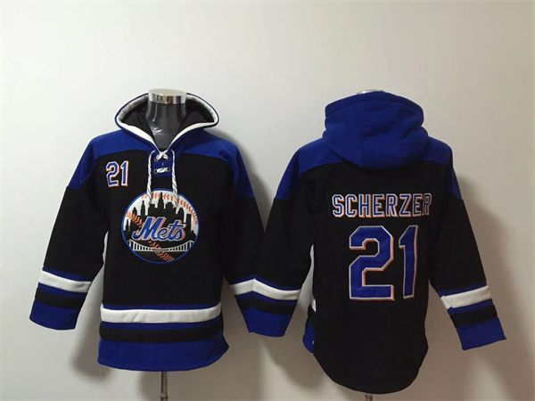 Men's New York Mets #21 Max Scherzer Black/Blue Ageless Must-Have Lace-Up Pullover Hoodie Men's New York Mets #21 Max Scherzer Black/Blue Ageless Must-Have Lace-Up Pullover Hoodie